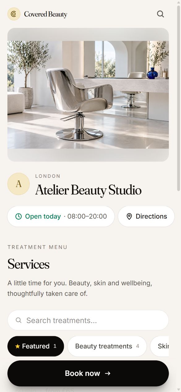 Mobile booking page in Covered Beauty