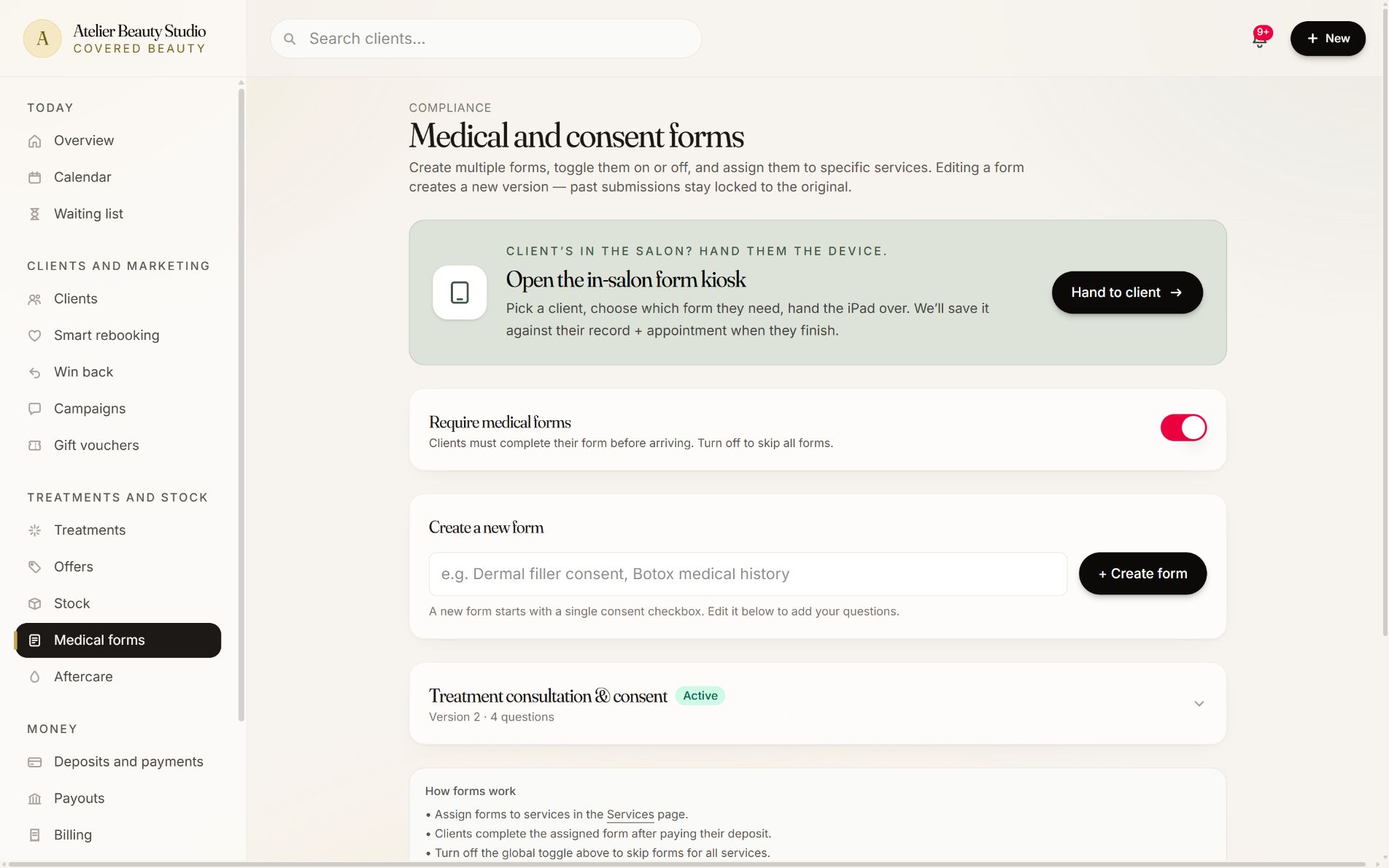 Medical and consent form management in Covered Beauty