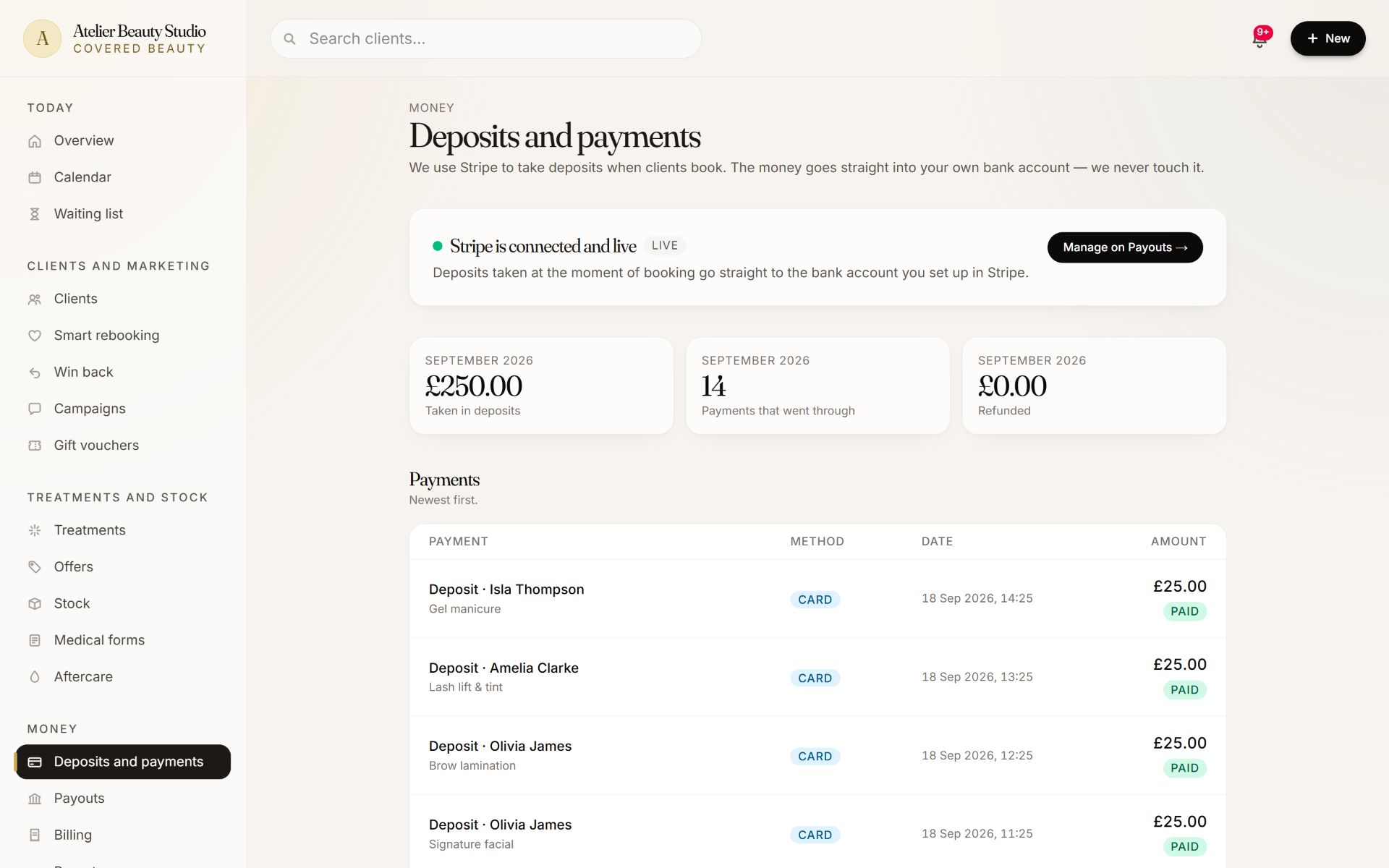 Deposits and payments in Covered Beauty